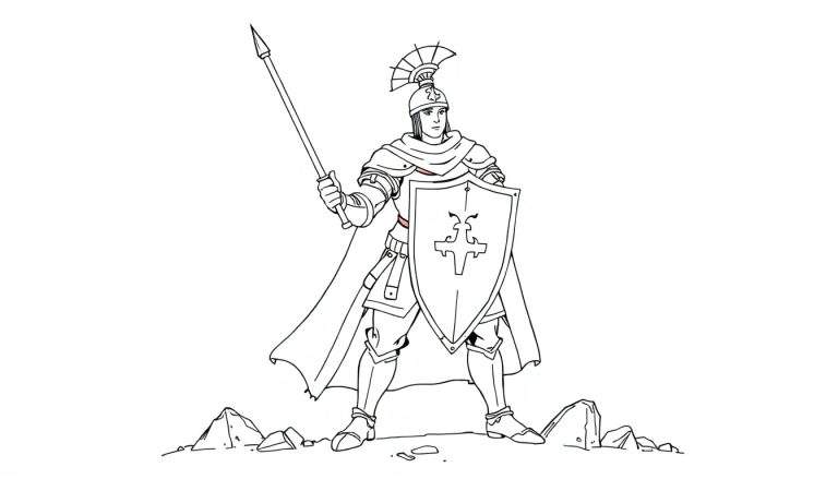 Un dessin au trait d'un guerrier en armure sur un terrain rocheux.