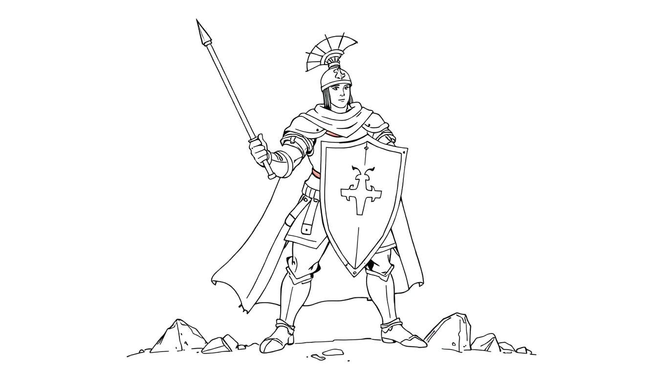 Un dessin au trait d'un guerrier en armure sur un terrain rocheux.