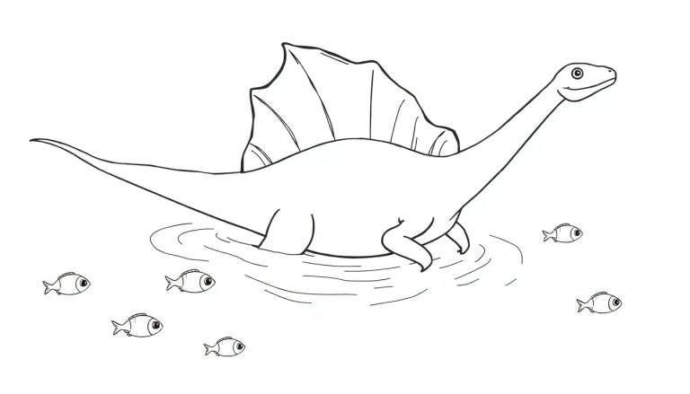 Un dinosaure Spinosaure souriant avec une grande voile dorsale nage dans l'eau avec des petits poissons, idéal pour un color panel.