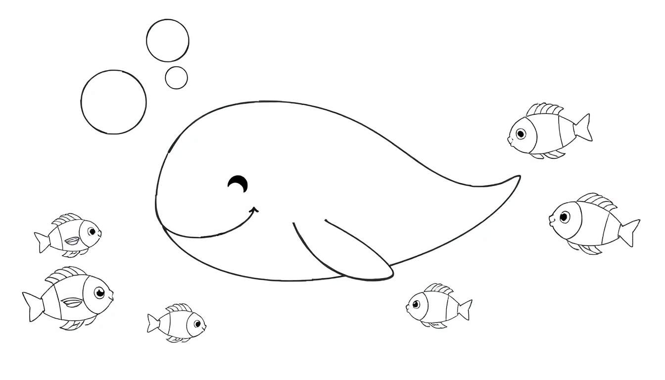 Un dessin au trait d'une baleine amicale avec des poissons autour, dans un color panel amusant.