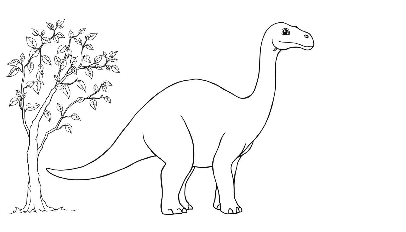 Un dessin au trait d'un Brachiosaurus avec un long cou regardant un arbre.