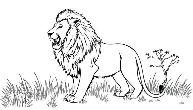 Dessin au trait d'un lion rugissant dans la savane, prêt à être colorisé dans notre color panel.