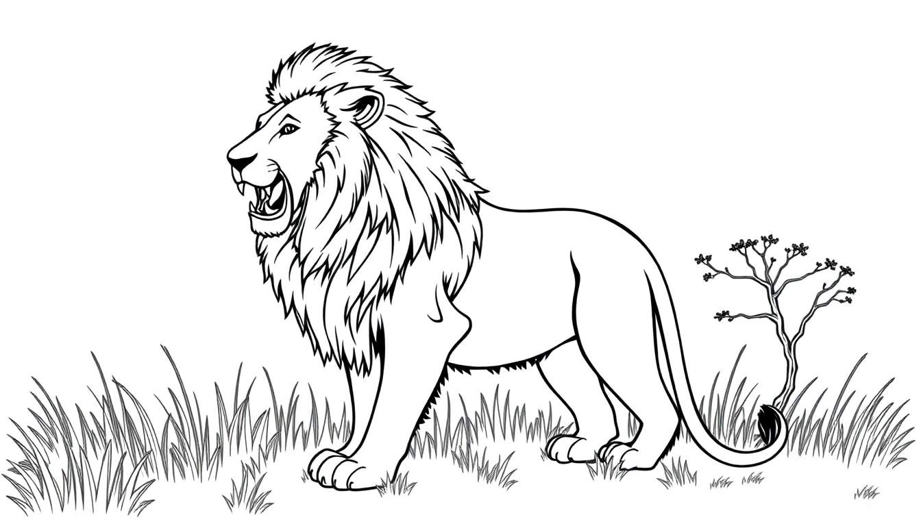 Dessin au trait d'un lion rugissant dans la savane, prêt à être colorisé dans notre color panel.
