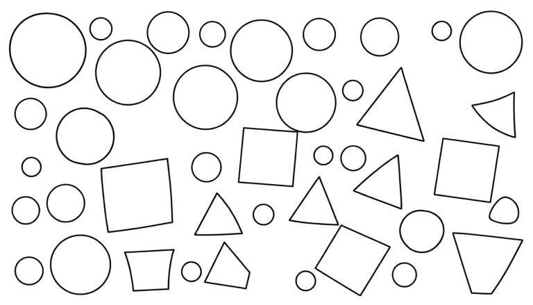 Page de coloriage avec des formes géométriques variées en noir et blanc, un color panel joyeux.