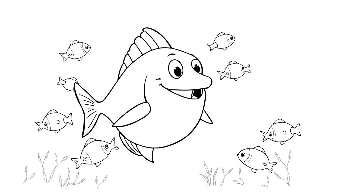 Un grand poisson souriant avec de grands yeux nage parmi plusieurs petits poissons. Des plantes aquatiques sont visibles en arrière-plan. Ce dessin est un color panel prêt à être colorié.