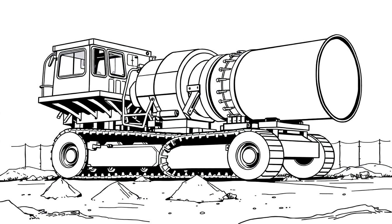 Dessin au trait d'un tunnelier sur un chantier, prêt pour le color panel.