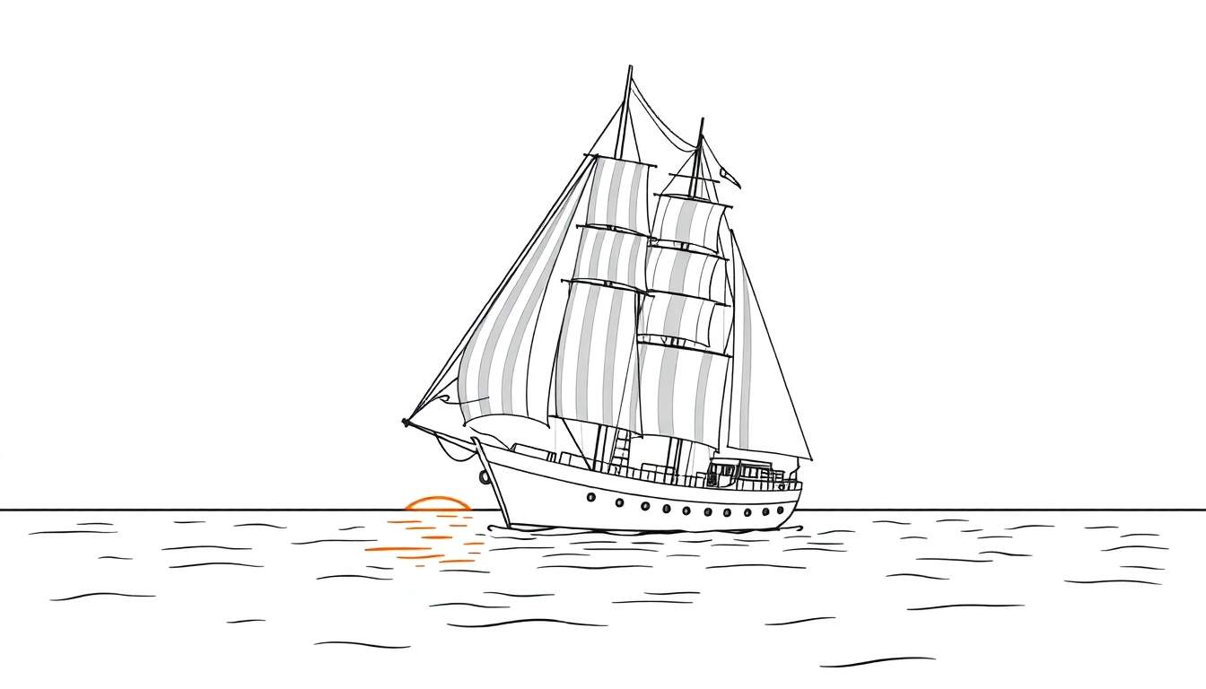 Une grosse plaque de couleur représentant un voilier avec des voiles rayées sur une mer calme au coucher du soleil.