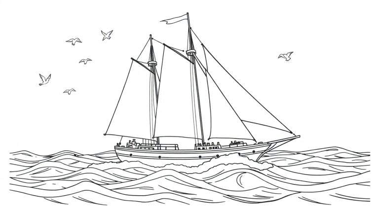 Un grand voilier noir et blanc naviguant sur la mer avec des mouettes dans le ciel, prêt pour le color panel.
