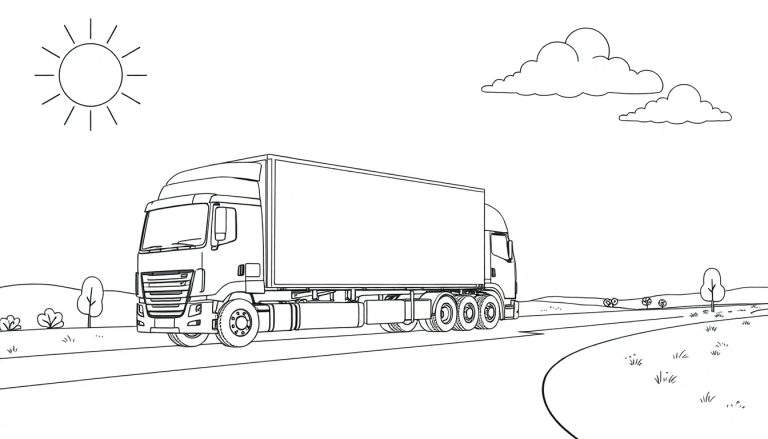 Un gros camion rouge avec une remorque sur une route ensoleillée, entouré d'arbres, prêt à être colorié.