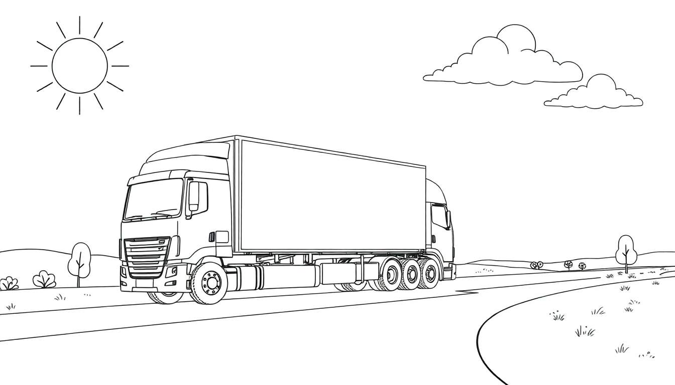 Un gros camion rouge avec une remorque sur une route ensoleillée, entouré d'arbres, prêt à être colorié.