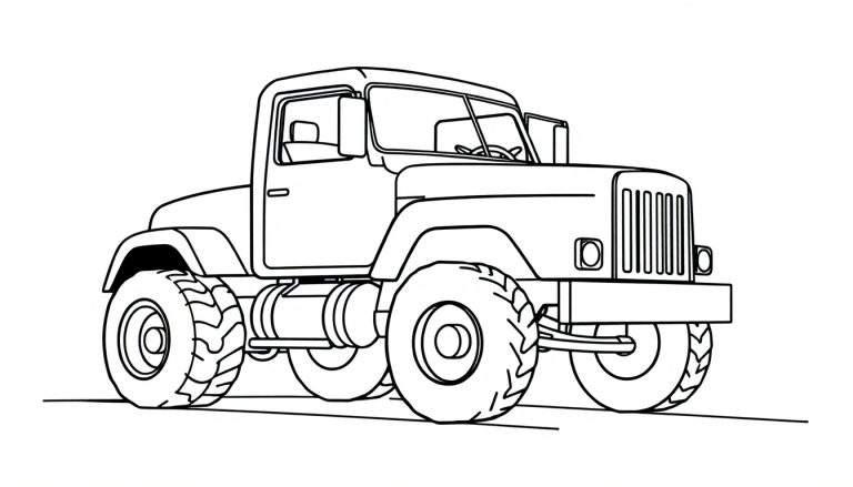 Dessin au trait d'un grand camion tout-terrain avec de gros pneus et un grand pare-brise.