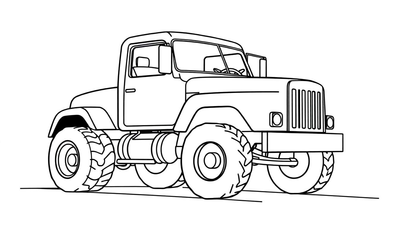 Dessin au trait d'un grand camion tout-terrain avec de gros pneus et un grand pare-brise.