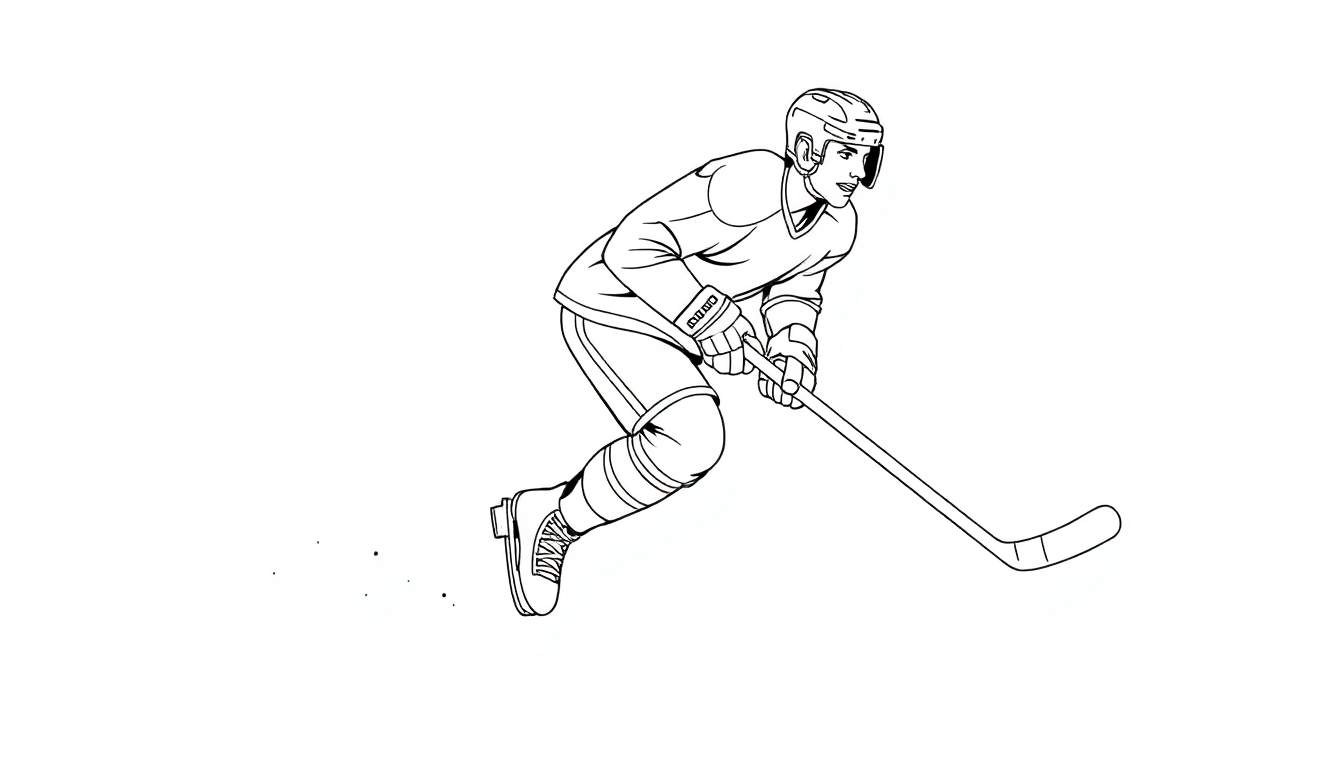 Illustration en noir et blanc d'un joueur de hockey sur glace en plein mouvement, vu de profil, tenant sa crosse et prêt à jouer.