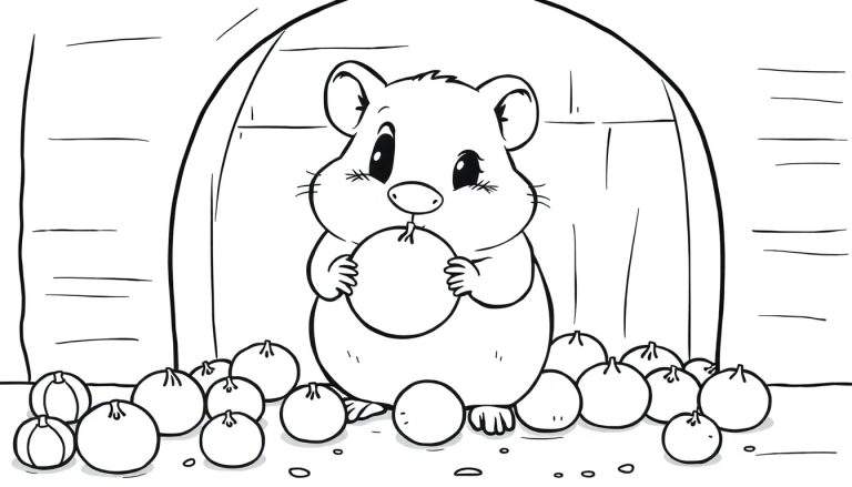 Un adorable hamster avec des joues pleines tient une noisette dans sa tanière dessinée dans un style de color panel.