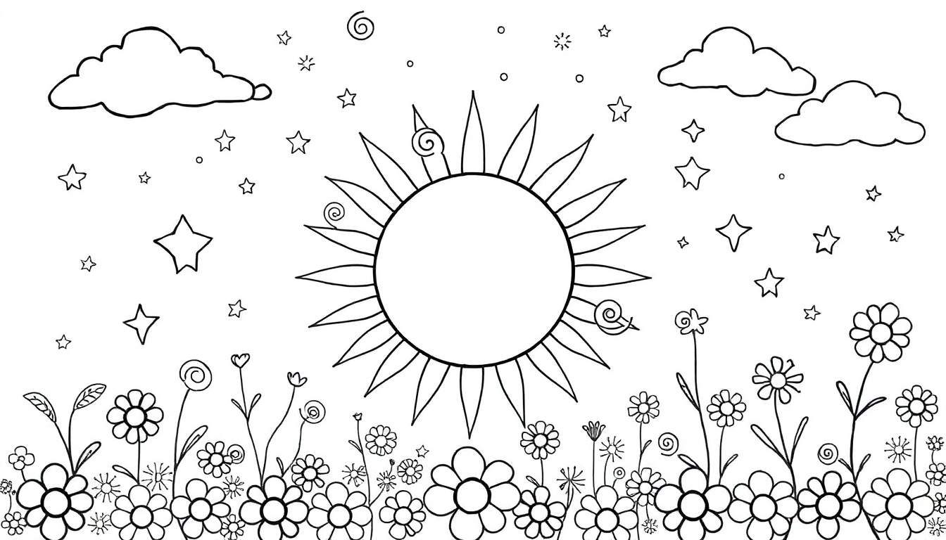 Dessin au trait d'un paysage fleuri avec un soleil et des étoiles