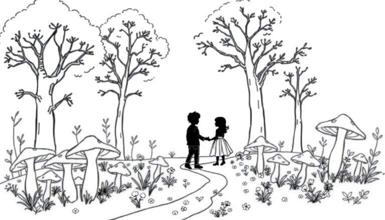 Un garçon et une fille se tenant la main dans une forêt avec des champignons.