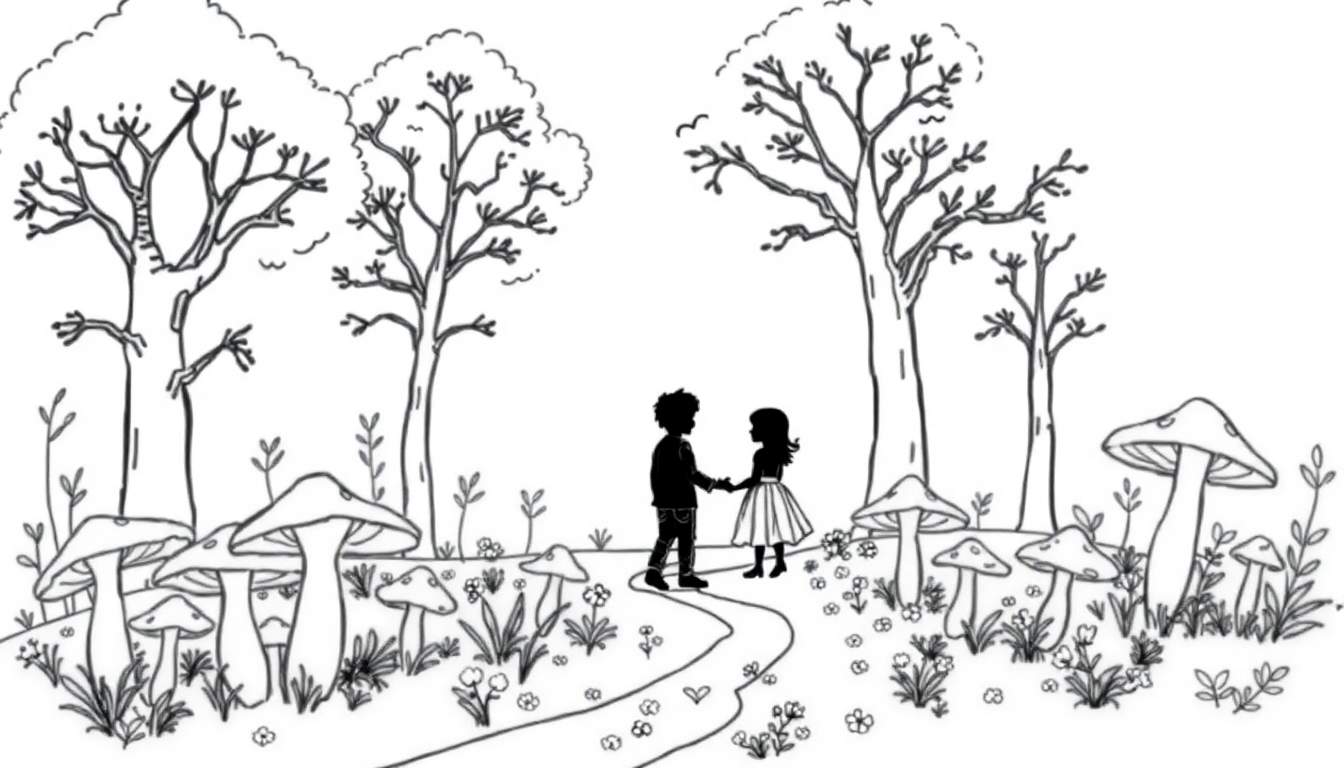Un garçon et une fille se tenant la main dans une forêt avec des champignons.