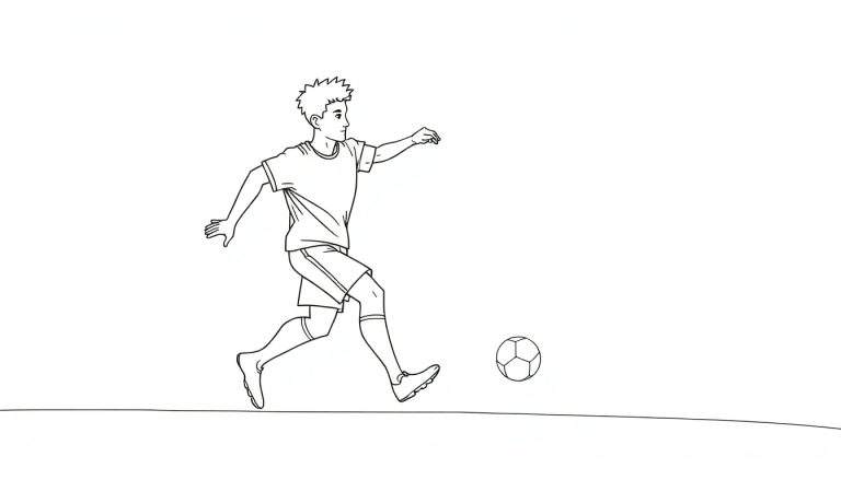 Dessin au trait d'un jeune footballeur en plein mouvement.