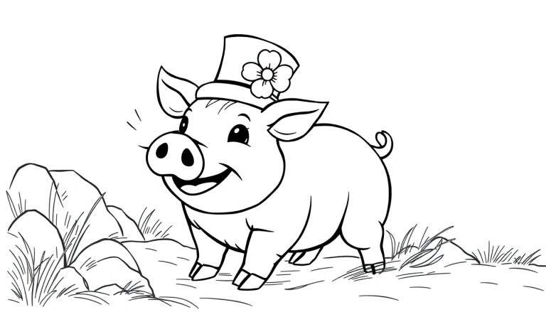 Un cochon anthropomorphique souriant portant un haut-de-forme avec une fleur, debout dans un champ herbeux.