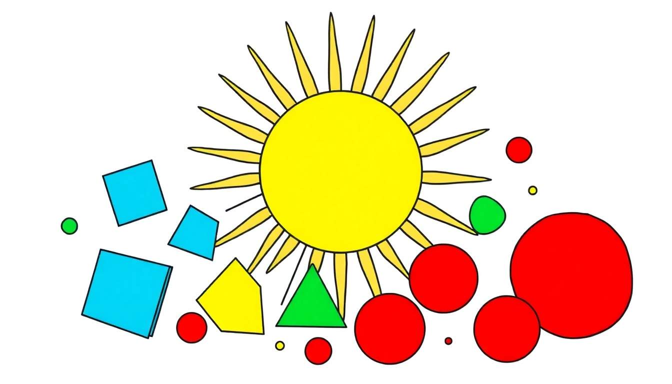 Un dessin enfantin coloré avec un soleil jaune et des formes géométriques autour, comme des carrés bleus, un pentagone jaune, un triangle vert et des cercles rouges, verts et jaunes. Le tout fait partie d'un color panel ludique.