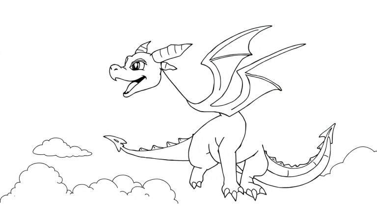 Un dragon de dessin animé noir et blanc, joyeux et souriant, vole au-dessus des nuages, prêt à être coloré dans un color panel.