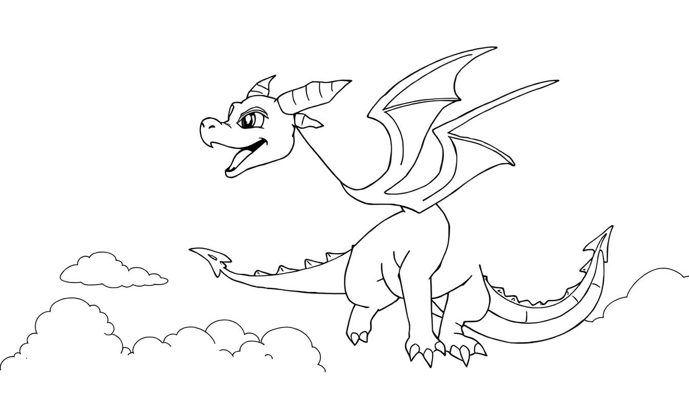 Un dragon de dessin animé noir et blanc, joyeux et souriant, vole au-dessus des nuages, prêt à être coloré dans un color panel.