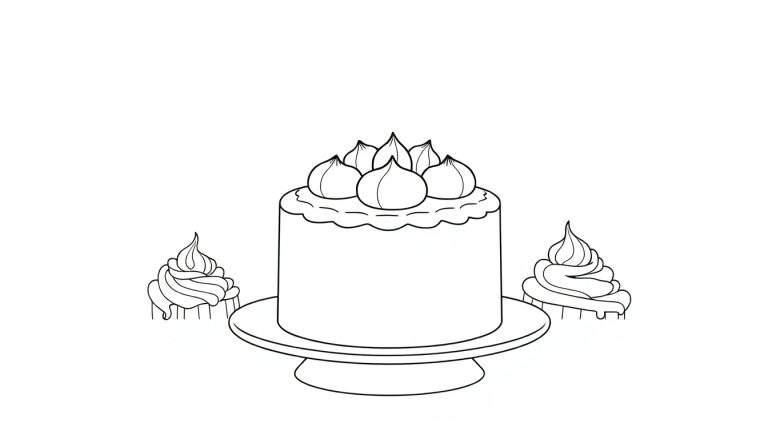 Un dessin monochrome d'un gâteau à étages avec des cupcakes sur un présentoir.