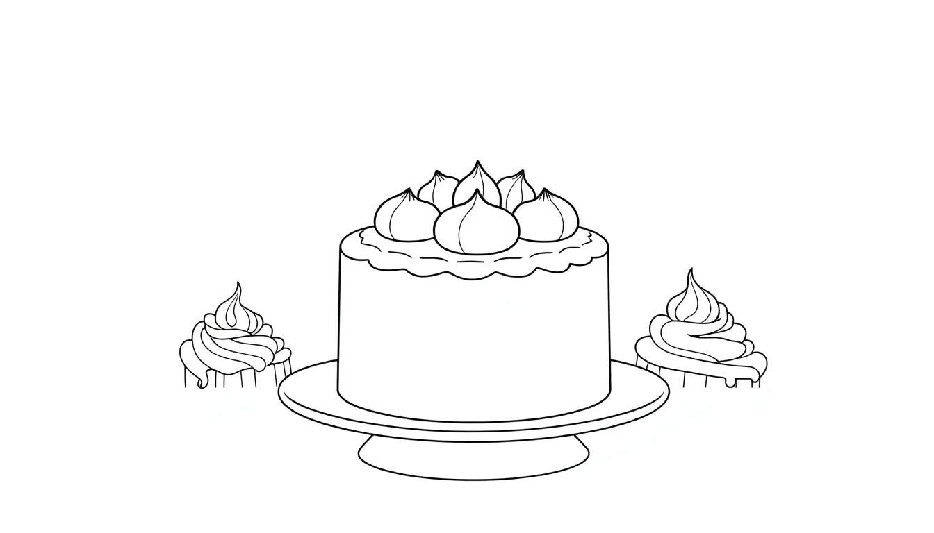 Un dessin monochrome d'un gâteau à étages avec des cupcakes sur un présentoir.