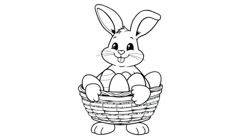 Un lapin de Pâques souriant, un color panel de ses grandes oreilles, assis derrière un panier plein d'œufs de Pâques.