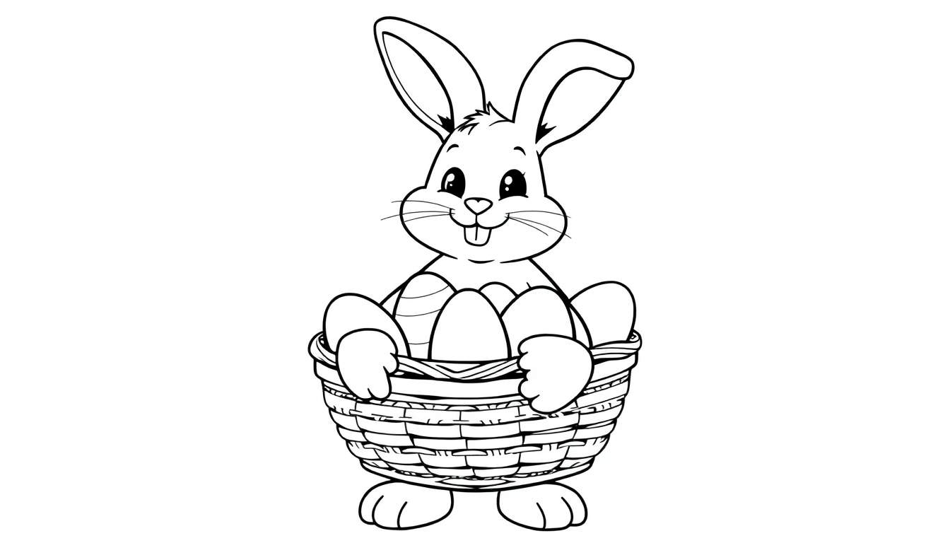 Un lapin de Pâques souriant, un color panel de ses grandes oreilles, assis derrière un panier plein d'œufs de Pâques.