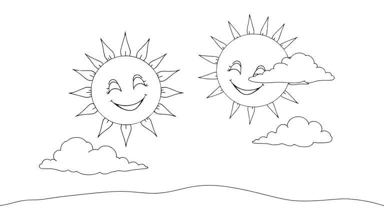 Dessin en noir et blanc de deux soleils souriants, un partiellement caché par un nuage, avec des nuages supplémentaires et une ligne représentant la terre. Le color panel est prêt !