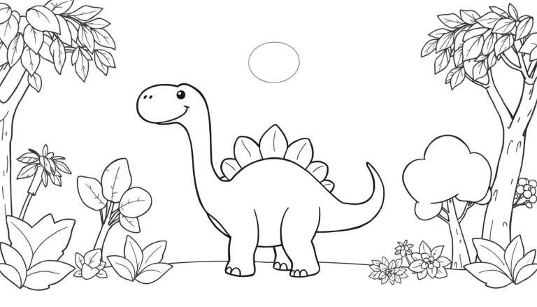 Dessin au trait d'un stégosaure souriant dans une jungle colorée.