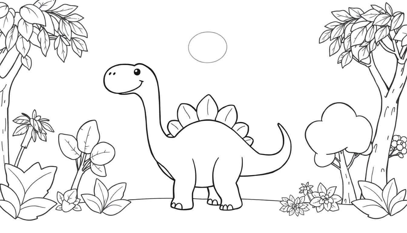 Dessin au trait d'un stégosaure souriant dans une jungle colorée.