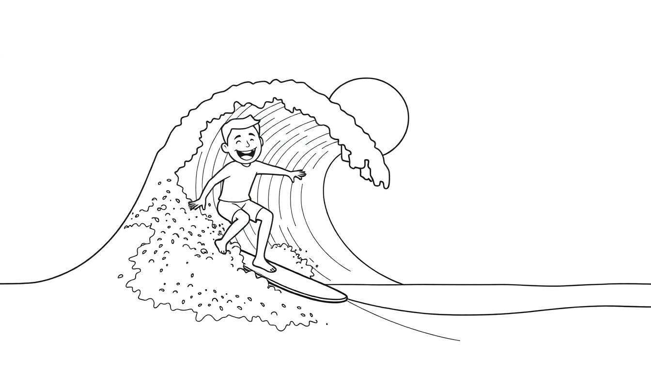 Un dessin au trait d'un garçon souriant faisant du surf sur une grande vague bleue, avec un soleil en arrière-plan et une planche de surf laissant une traînée.