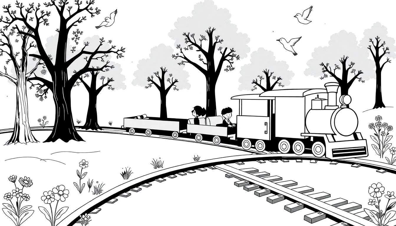 Un dessin en noir et blanc d'un train miniature traversant un paysage champêtre avec des arbres et des fleurs, dans un style color panel.