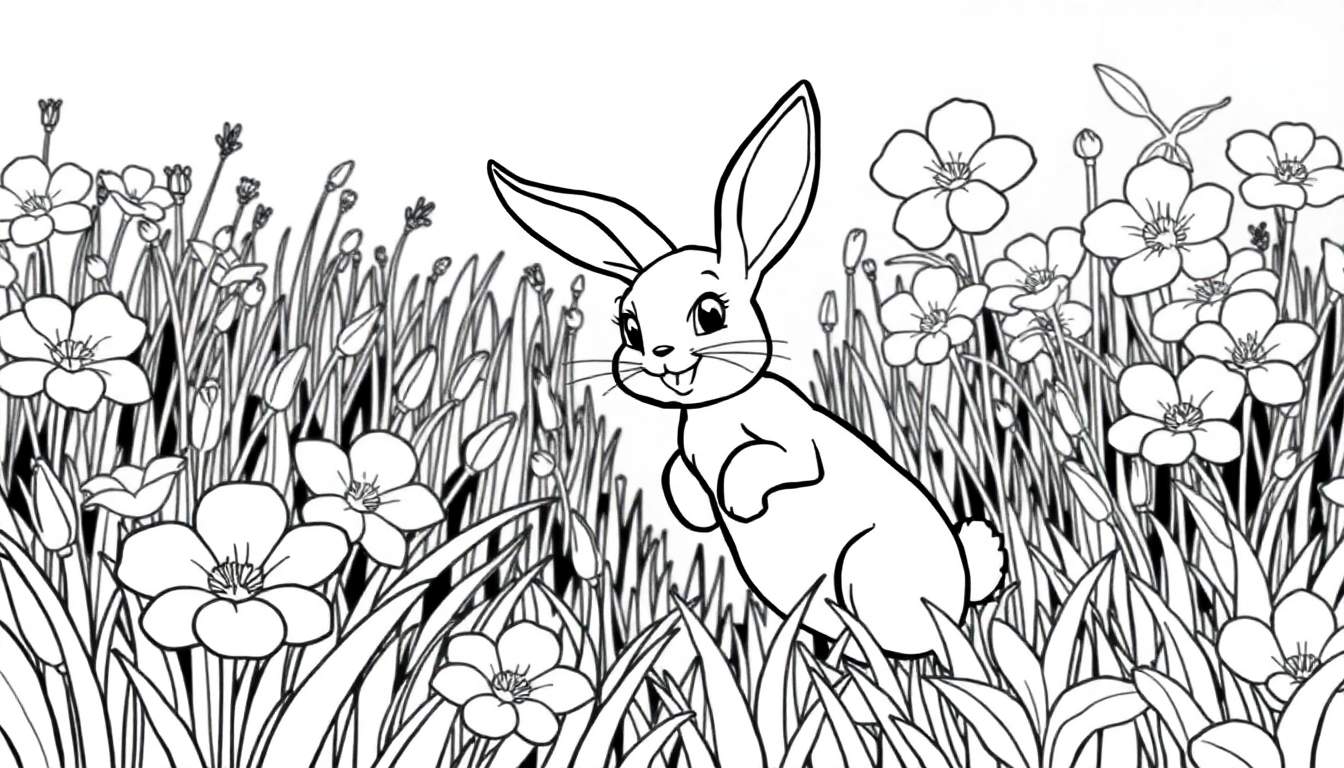 Dessin au trait d'un lapin mignon dans un champ de fleurs, prêt pour un color panel.