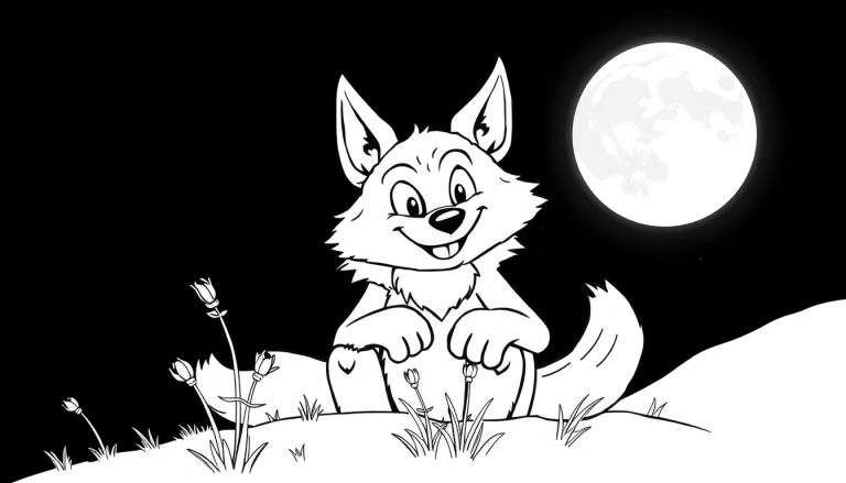 Un dessin animé noir et blanc d'un loup joyeux assis sur une colline sous une pleine lune brillante, entouré de fleurs. Un color panel pour le plaisir.