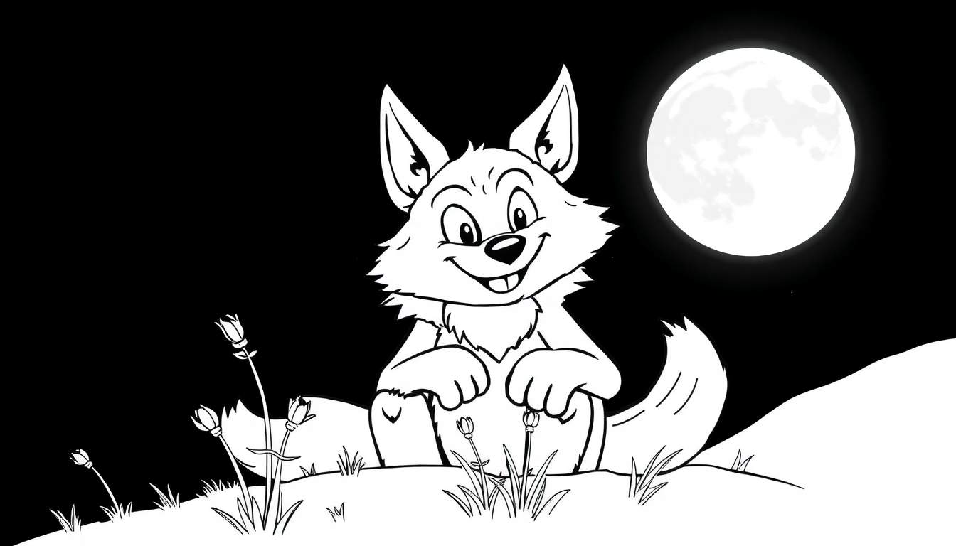 Un dessin animé noir et blanc d'un loup joyeux assis sur une colline sous une pleine lune brillante, entouré de fleurs. Un color panel pour le plaisir.