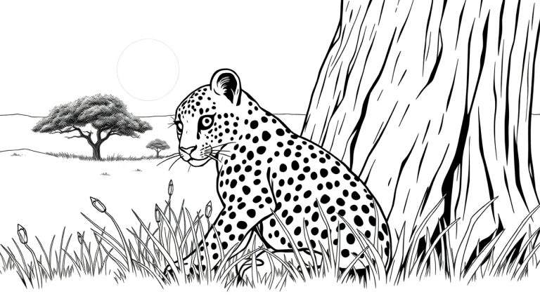 Un dessin au trait noir et blanc d'un léopard assis dans la savane.