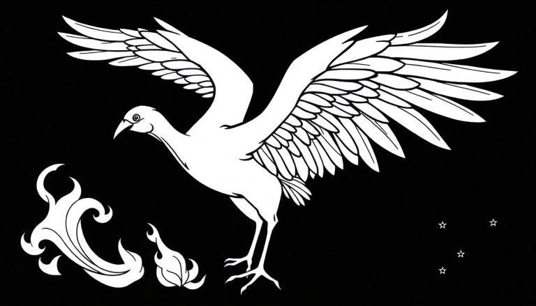 Un dessin d'oiseau aux ailes déployées, entouré de fleurs et d'étoiles, sur fond noir.