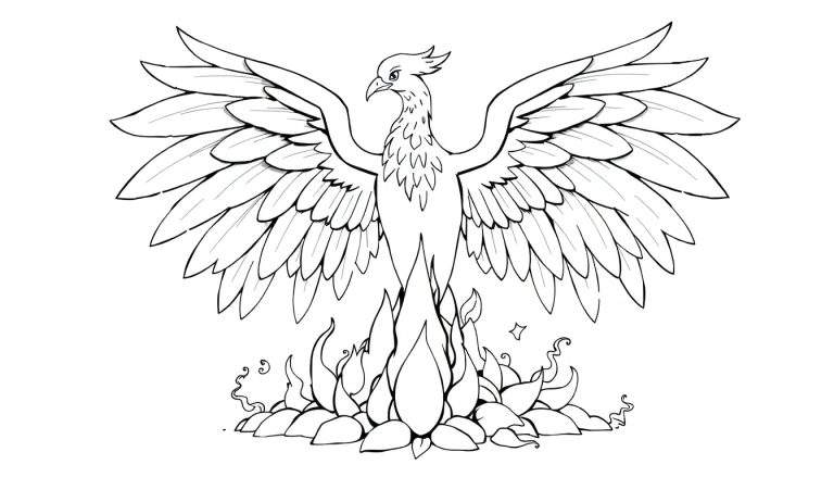 Dessin au trait d'un phénix aux ailes déployées, émergeant des flammes, prêt pour le color panel.