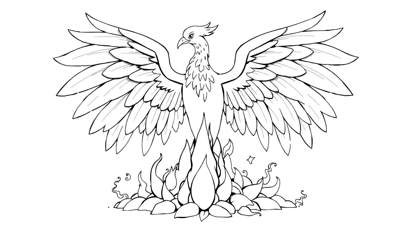 Dessin au trait d'un phénix aux ailes déployées, émergeant des flammes, prêt pour le color panel.