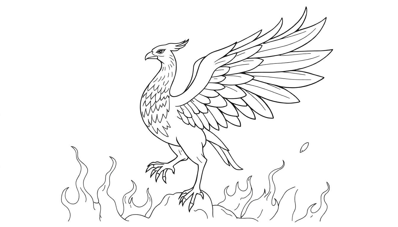 Dessin au trait d'un phénix émergeant des flammes, prêt à être colorié.