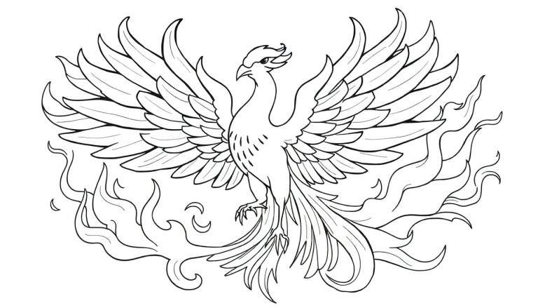 Dessin au trait d'un phénix majestueux avec des ailes déployées, entouré de flammes.