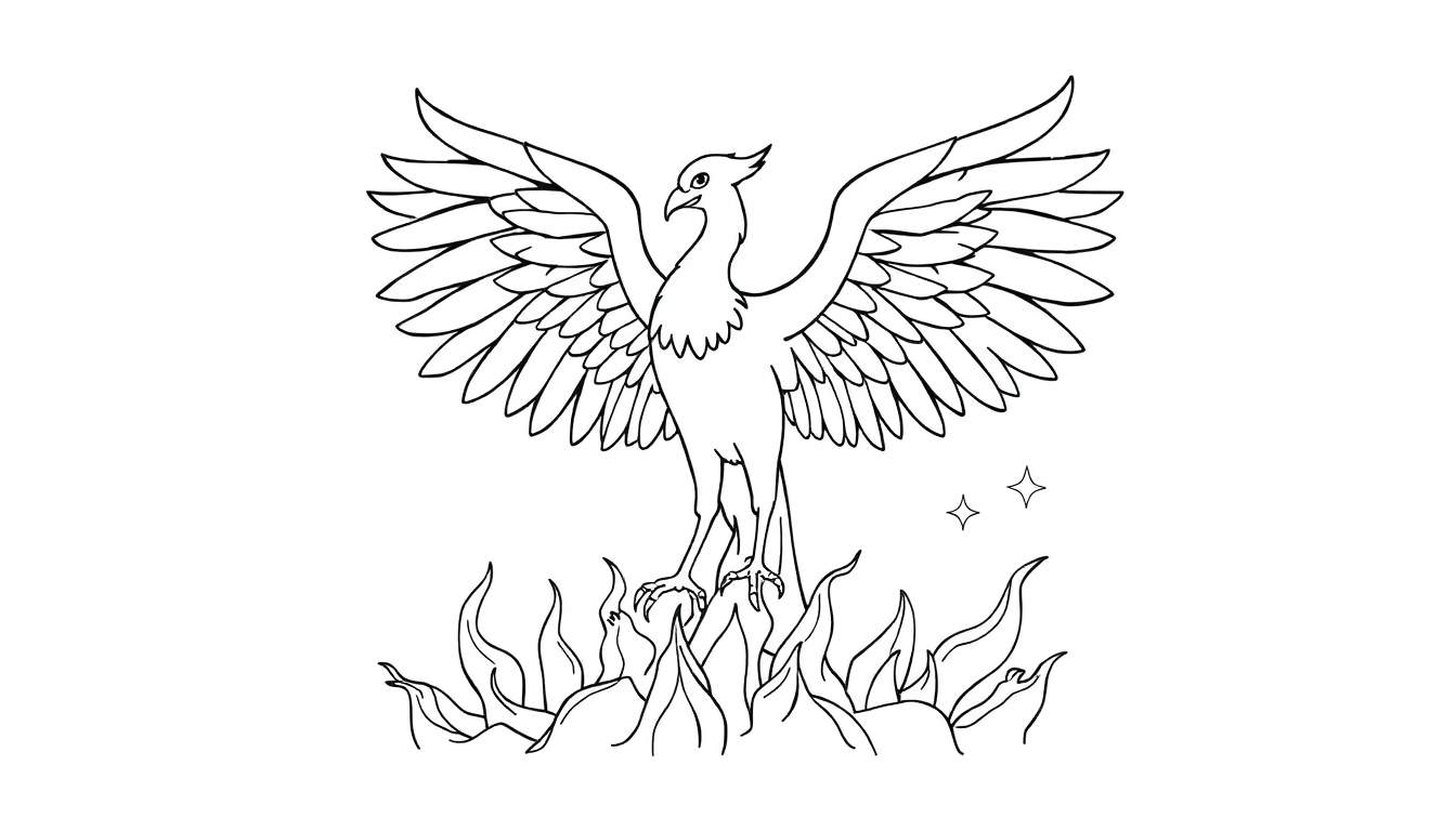 Un dessin au trait en noir et blanc d'un phénix aux ailes déployées, planant au-dessus de flammes, avec deux étoiles scintillantes à proximité, adapté au coloriage.