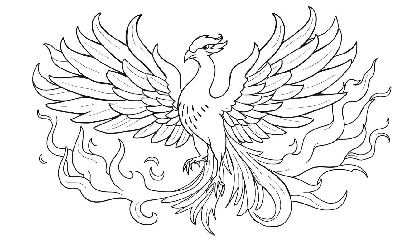 Dessin au trait d'un phénix majestueux avec des ailes déployées, entouré de flammes.