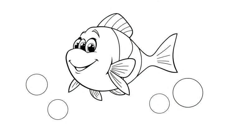 Dessin au trait d'un poisson souriant avec des bulles, comme pour un panneau de coloriage.
