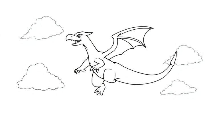 Illustration en noir et blanc d'un Pokémon dragon volant, avec des nuages, color plate.