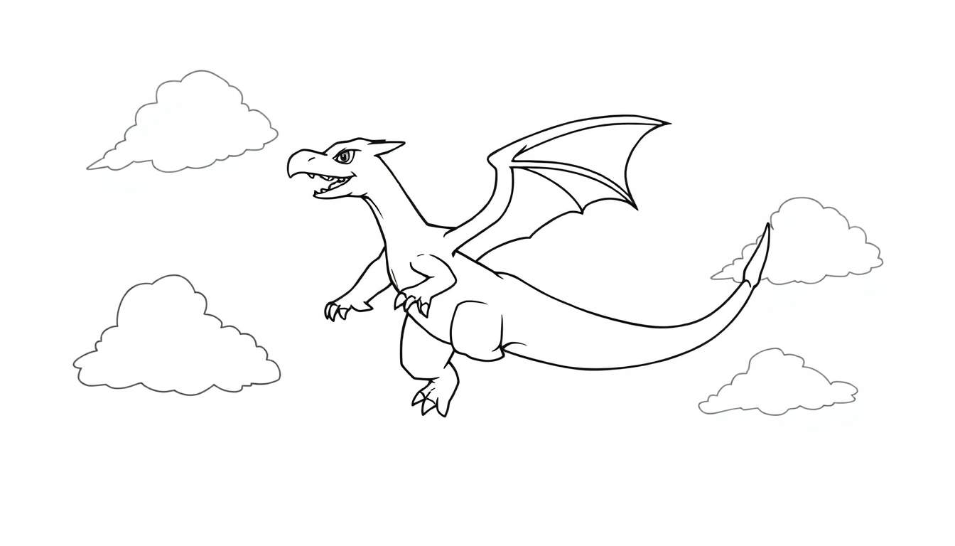 Illustration en noir et blanc d'un Pokémon dragon volant, avec des nuages, color plate.