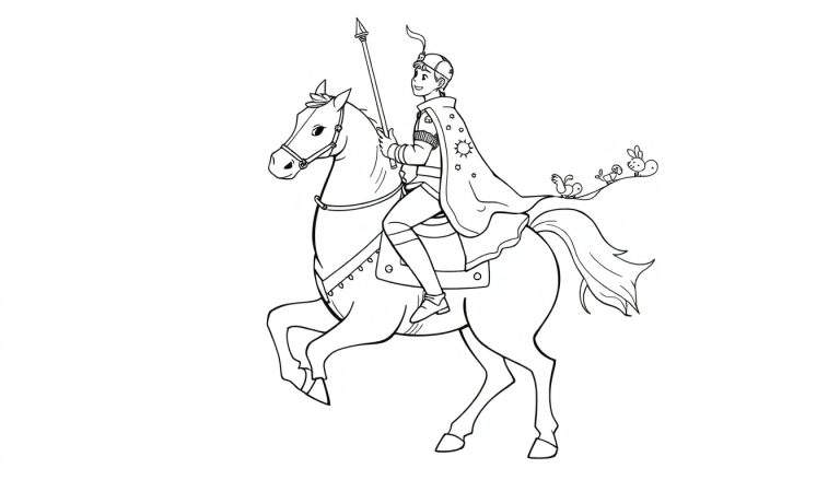 Un prince souriant en costume étoilé sur un cheval, tenant une lance, avec des oiseaux sur la queue du cheval, color panel.